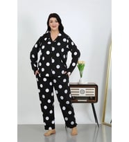 Kadın Büyük Beden Pamuklu Cepli Düğmeli Siyah Pijama Takım