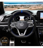 Volkswagen Golf Mk8 Dikme Direksiyon Kılıfı Alcantara Süet Mat Karbon Mavi Yüzük ve Dikiş R-Line-GTI-R 2020-2024