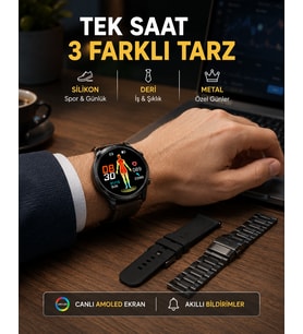 AMOLED Ekranlı Akıllı Saat – 3 Kordon Seçenekli, Suya Dayanıklı, Kalp Atış ve Uyku Takip Özellikli