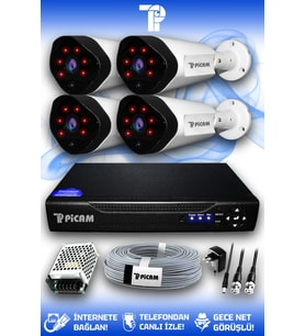 PICAM 4 Kameralı Uzay 4 Dış Kamera Set HDD'siz Full HD Gece Görüşlü Güvenlik Kamerası Sistemi