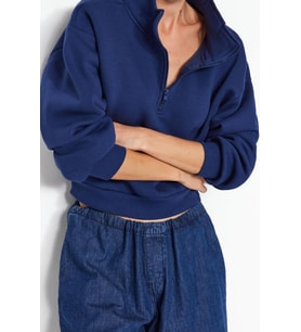 Fitted Fermuarlı Yaka Crop Rahat Kesim Crop Basic Fermuarlı Kalın Polarlı Örme Sweatshirt