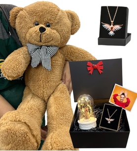 Renkli Zümdürü Anka Kuşu Kolyeli Fotoğraflı Premium Hediye Seti - Büyük Kahverengi Peluş Ayıcıklı (Model 3)