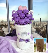 Mor Peluş Ayıcık Peluş Buketi Kalp Yastık