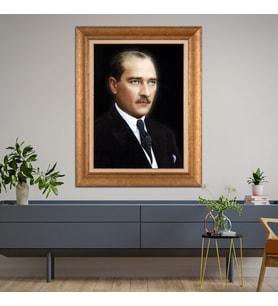 Altın Varaklı Çerçeveli Paspartulu Atatürk Tablo nl02A144 (Gold)