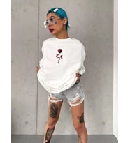 Unisex Bisiklet Yaka Baskılı Oversize T-Shirt - Beyaz
