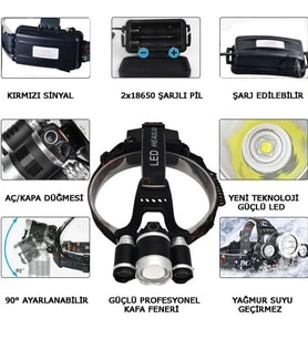 Northcity 3 Başlıklı Şarjlı Kafa Feneri Wt-256 250m Işık Mesafesi T6+Cree5 Kamp ve Outdoor