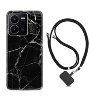 Vivo Y35 Kılıf Resimli Boyun Askılı İpli Desenli Silikon Fragile Black Mermer 1378