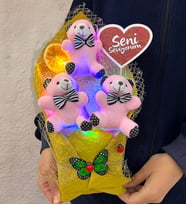 Renkli Led Işıklı Seni Seviyorum Pembe Ayıcıklı Büyük Boy Peluş Ayıcık Buketi (Model 3)