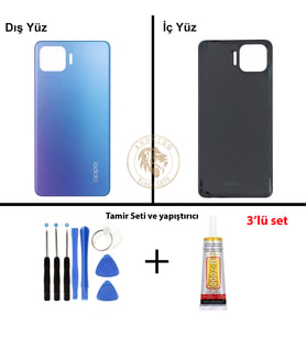 Oppo KAPAK Vida Seti + Yapıştırıcı Reno 4 Lite Mavi Yapıştırıcı B-7000 Yapıştırıcı Vida Seti Arka Kapak Arka Cam Batarya Kapağı Lazer Kesim Kapak Pil Kapağı Back Cover