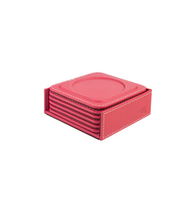 Bardak Altlığı,6’lı Set,Masaüstü Yuvarlak Cup Coaster,Vegan Suni Deri,11x11 cm.,Fuşya (Fuşya-Pembe)