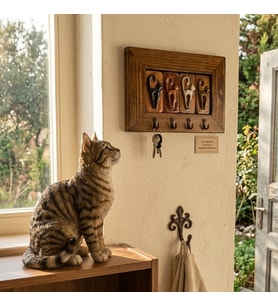 Rustik Bohem Kedi Temalı Duvar Anahtar Askılığı El Yapımı Seramik & Ahşap Tasarım 15x22 cm