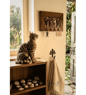 Rustik Bohem Kedi Temalı Duvar Anahtar Askılığı El Yapımı Seramik & Ahşap Tasarım 15x22 cm