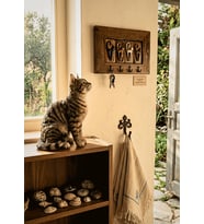 Rustik Bohem Kedi Temalı Duvar Anahtar Askılığı El Yapımı Seramik & Ahşap Tasarım 15x22 cm