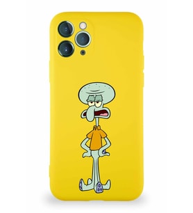 Apple iPhone 11 Pro Soft Premier Kapak Squidward Dokunaç Tasarımlı Silikon Kılıf - Sarı (Şeffaf)