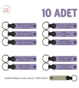 Annelere Özel Günler İçin İsim Yazılı Hatıra Anahtarlık 10’lu Set, Mor Menekşe & Sütlü Kahve (Lila - Mor)