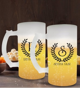 BK Gift Kişiye Özel Çelenk Baş Harfli İsimli 2’li Buzlu Cam Bira Bardağı 50cl-5 (Beyaz)