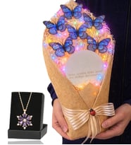 Renkli Led Işıklı Aynalı Kelebek Buketi ve Gerçek Ametist Taşlı Lotus Kolye (Mavi)