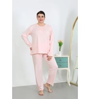 pilelistore- Kadın Büyük Beden Uzun Kol Penye Pijama Takımı Pembe