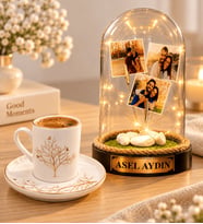 Kişiye Özel 3 Fotoğraflı Yazılı LED Işıklı Fanus ve Hayat Ağacı Porselen Kahve Fincanı