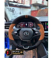 Skoda Kamiq Dikme Direksiyon Kılıfı Delikli Deri Parlak Siyah Taba Detay Çift Yüzük ve Dikiş 2019-2024