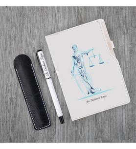Kişiye Özel UV Baskılı Fütüristtik Tasarım Avukat Temalı Beyaz Defter & Beyaz Roller Kalem  Seti