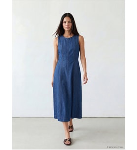 LCW Modest İndigo Midi Kloş Jean Elbise