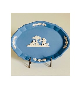 Antika Wedgwood Mavi Jasperware Bisküvi Porselen Mitolojik Melek Desenli Minik Sunum Tabağı Lokumluk/İkramlık