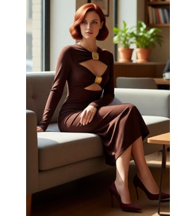 Kadın Kahverengi Bodycon Midi Elbise Aksesuar Detaylı Uzun Kollu Sandy Örme Kokteyl Şıklığı