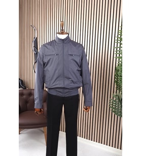 Jan Carlucci Slimfit Beli Lastikli Açık Lacivert Yazlık İnce Mont