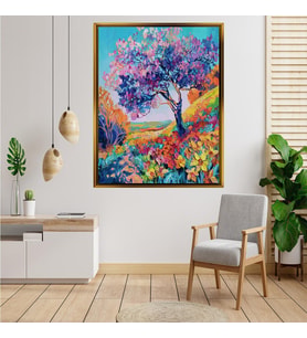 Tablore Mor Çiçekli Ağaç Ve Doğa Manzaralı Tablo Çerçeveli Kanvas Tablo Modern Salon Dekoru