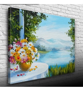 Masadaki Çiçekler ve Göl Manzarası Yağlıboya Kanvas Tablo 50 x 70