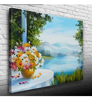 Masadaki Çiçekler ve Göl Manzarası Yağlıboya Kanvas Tablo 50 x 70