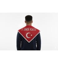 Sam ''O Şimdi Asker'' Yazılı Pullu Kına Örtüsü  (Eldivenli) Kırmızı Renk  (Üçgen şeklinde)
