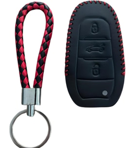 AutoHan Keys Deri Anahtar Koruma Kılıfı Peugeot 308, 508, 2008, 3008, 4008, 5008, Rifter, Grandland X için, Siyah Kırmızı Örgülü Desen, Anahtarlık Dahil