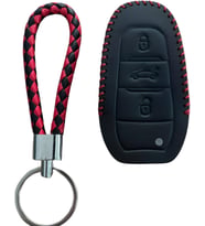 AutoHan Keys Deri Anahtar Koruma Kılıfı Peugeot 308, 508, 2008, 3008, 4008, 5008, Rifter, Grandland X için, Siyah Kırmızı Örgülü Desen, Anahtarlık Dahil