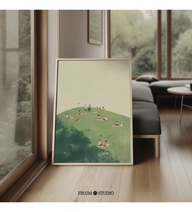 Minimalist Piknik İllüstrasyon Duvar Sanatı, Eklektik Oturma Odası için Sevimli Açık Hava Yaz Parkı Sahnesi
