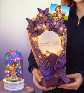 Size Özel Fotoğraflı Led Işıklı Aynalı Kelebek Buketi & Renkli Led Işıklı Fanuslu (Model 2)