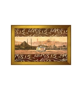 İstanbul ve Gemi Motifli Kanvas Tablo 50 x 70 cm Gold Çerçeve
