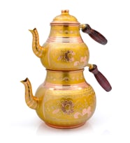 2,85 Litre İşlemeli İkili Kalaylı Kalın Bakır Çaydanlık, Demlik Seti, Takımı (Gold)
