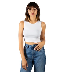 Kadın Beyaz Fitted/Vücuda Oturan Crop Halter Yaka Fitilli Esnek Örme Bluz Atlet 23K-TRP-CRP06