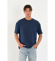Blank Unisex Oversize Geniş Kesim Tişört %100 Pamuk Kalın Dokulu Bisiklet Yaka T-shirt (İndigo)