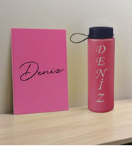 BK Gift Kişiye Özel İsimli Pembe Defter ve Fuşya Cam Matara Hediye Seti-1, Sevgiliye Hediye, Arkadaşa Hediye, Yeni İş Hediyesi