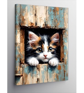 Kanvas Tablo Yavru Kedi Ve Ahşap Kapı