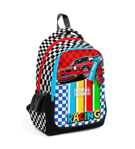 CORAL HIGH 33257 DAMA RACING KIRMIZI ARABA DESENLİ ÜÇ BÖLMELİ SIRT ÇANTASI