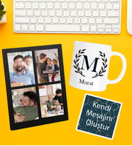 Kişiye Özel Baş Harf İsim Soyisim Beyaz Kupa 4 Fotoğraflı Siyah Çerçeve Ve Kendi Mesajını Oluştur Kart Seti