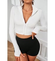 Kadın Beyaz Uzun Kol Fermuarlı Parmak Geçme Detaylı Dik Yaka Crop Top Bluz