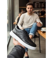 Enoch Hakiki Deri Siyah Beyaz Günlük Bağcıklı Erkek Sneaker Yüksek Comfort Taban