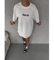 Unisex Bisiklet Yaka Baskılı Oversize T-Shirt - Beyaz