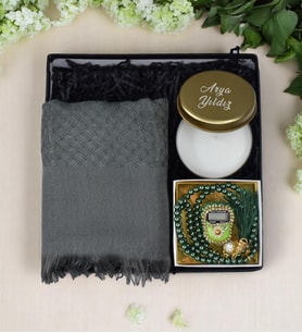 Kişiye Özel Gold Renk Metal Kutulu Mum& Gri Şal& Kutuda Taşlı Zikirmatik-Tespih Hediye Seti