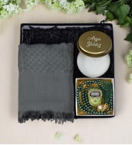 Kişiye Özel Gold Renk Metal Kutulu Mum& Gri Şal& Kutuda Taşlı Zikirmatik-Tespih Hediye Seti